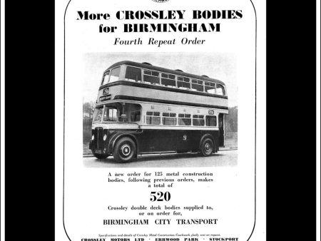 Crossley Double Decker Bus. Original Vintage Advert From January, 1952. Birmingham Supply