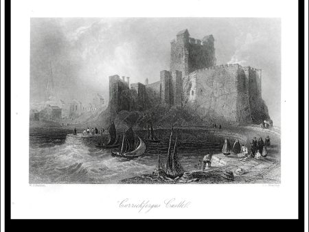 Carrickfergus Castle, Co. Antrim, Northern Ireland. Antique Print, Steel Engraving c. 1840. Online