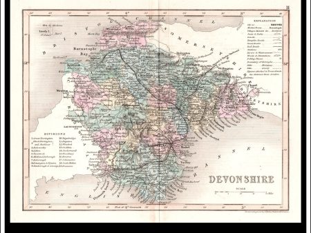 Map Of Devonshire, England. Antique Print, Steel Engraving c. 1846. Discount