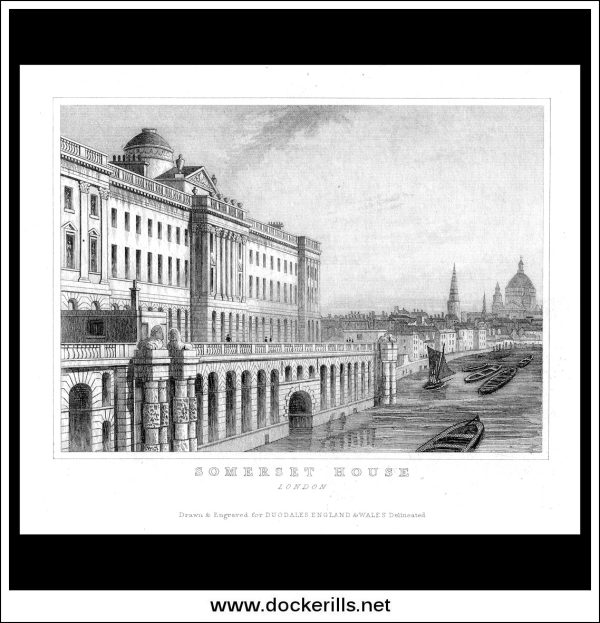 Somerset House, London, Middlesex, England. Antique Print, Steel Engraving c. 1846. Online Hot Sale