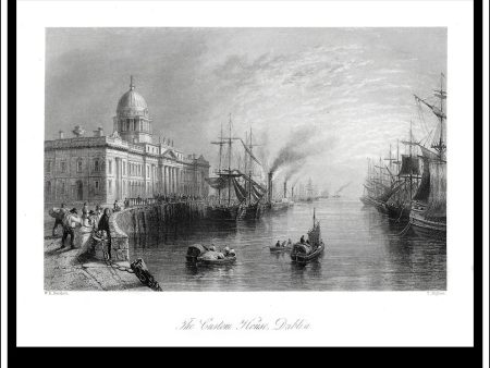 The Custom House, Dublin, Co. Dublin, Ireland. Antique Print, Steel Engraving c. 1840. Online Hot Sale