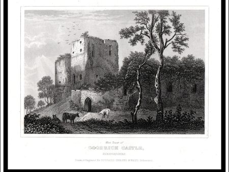 West Tower Of Goodrich Castle, Herefordshire, England. Antique Print, Steel Engraving c. 1846. Fashion