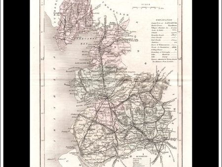 Map Of Lancashire, England. Antique Print, Steel Engraving c. 1846. Fashion