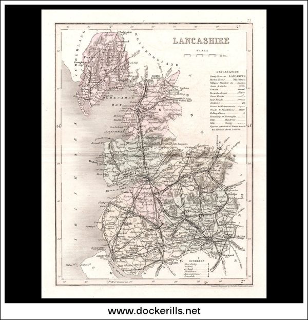 Map Of Lancashire, England. Antique Print, Steel Engraving c. 1846. Fashion