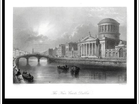 The Four Courts, Dublin, Co. Dublin, Ireland. Antique Print, Steel Engraving c. 1840. Sale