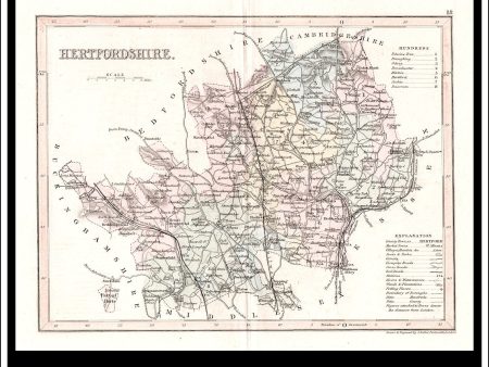 Map Of Hertfordshire, England. Antique Print, Steel Engraving c. 1846. on Sale