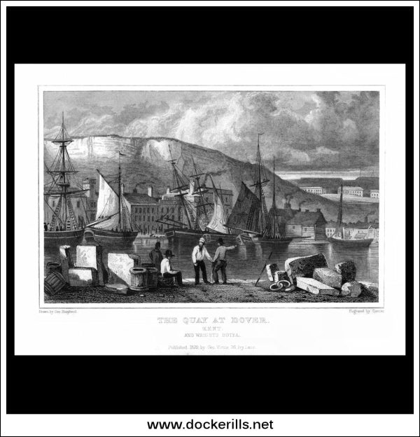 The Quay At Dover, And Wright s Hotel, Kent, England. Antique Print, Steel Engraving 1829. Fashion