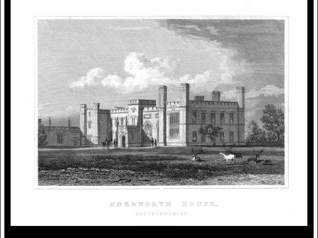 Knebworth House, Hertfordshire, England. Antique Print, Steel Engraving c. 1830. Cheap