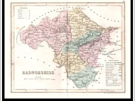 Map Of Radnorshire, Wales. Antique Print, Steel Engraving c. 1846. Hot on Sale