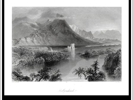 Ballynahinch (Lake & Castle), Co. Galway, Ireland. Antique Print, Steel Engraving c. 1840. on Sale