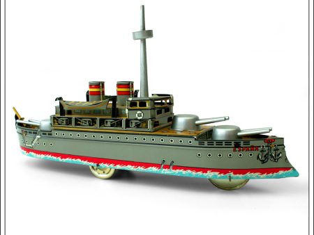 Acorazado Espana   Battleship Espana - 1931, Paya, Spain. Vintage Tin Plate Clockwork Bus Toy. on Sale