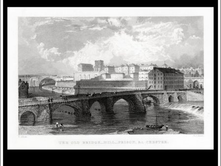 The Old Bridge, Mill, Prison & C., Chester, Cheshire, England. Antique Print, Steel Engraving, c. 1830. Online Sale