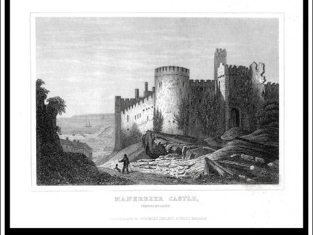 Manerbeer Castle, Pembrokeshire, Wales. Antique Print, Steel Engraving c. 1846. Sale