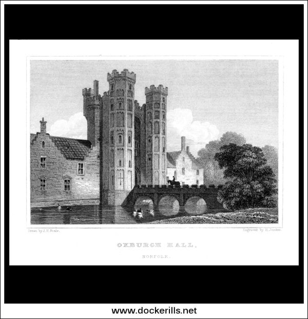 Oxburgh Hall, Norfolk, England. Antique Print, Steel Engraving c. 1830. Online now