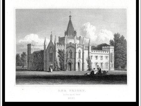 Lee Priory, South West View, Kent, England. Antique Print, Steel Engraving c. 1830. Online Hot Sale