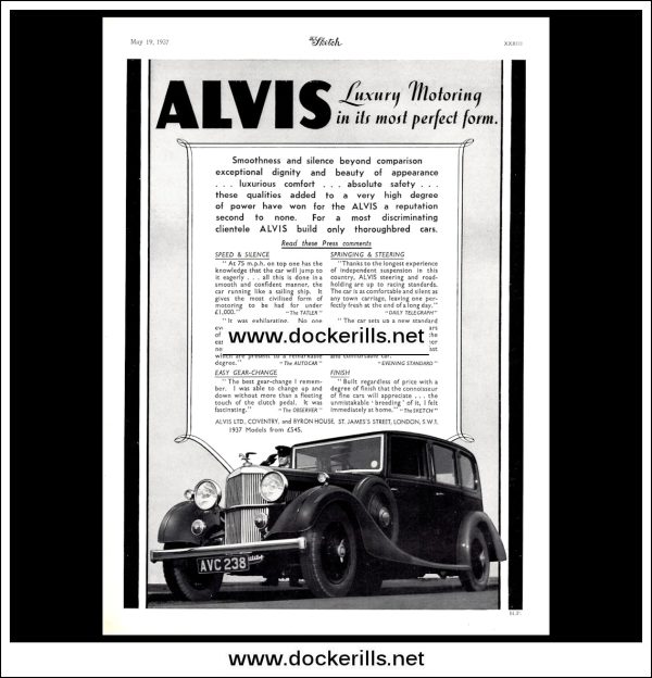 Alvis, Luxury Motoring In Its Most Perfect Form. Original Vintage Advert From May 19th 1937. Discount