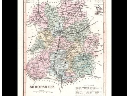 Map Of Shropshire, England. Antique Print, Steel Engraving c. 1846. Online now