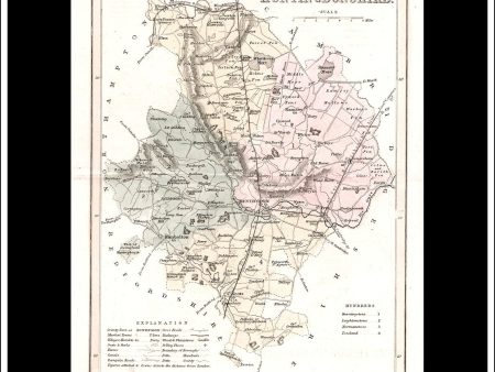 Map Of Huntingdonshire, England. Antique Print, Steel Engraving c. 1846. Online Sale