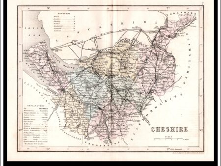 Map Of Cheshire, England. Antique Print, Steel Engraving c. 1846. Online Hot Sale