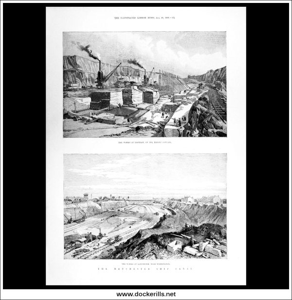 The Manchester Ship Canal. Antique Print, Wood Engraving, The Illustrated London News Full Page, August 10th, 1889. Cheap