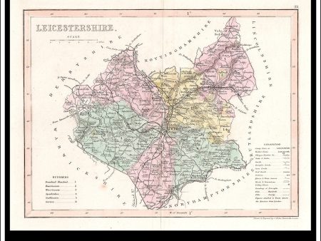 Map Of Leicestershire, England. Antique Print, Steel Engraving c. 1846. Supply