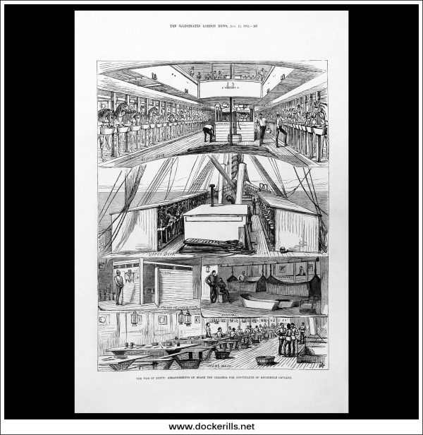 The War In Egypt: Arrangements On Board The Calabria For Conveyance Of Household Cavalry. Antique Print, Wood Engraving, The Illustrated London News Full Page, August 12th, 1882. Sale