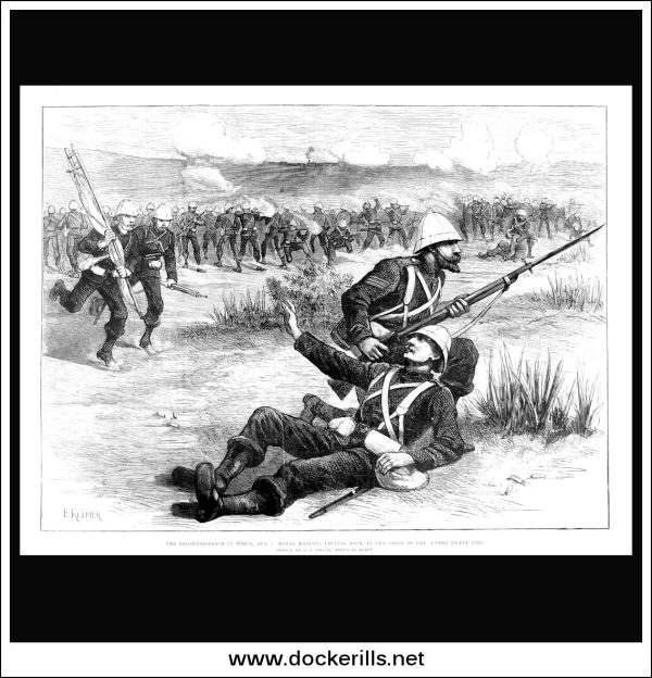 The Reconnaissance In Force, Aug 5: Royal Marines Falling Back. Antique Print, Wood Engraving, The ILN Full Page, August 26th, 1882. For Sale