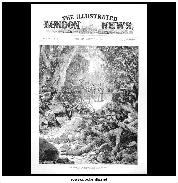 The Fighting In Burmah, Dacoits In Ambush. Antique Print, Wood Engraving, The Illustrated London News Front Page, January 22nd, 1887. For Discount