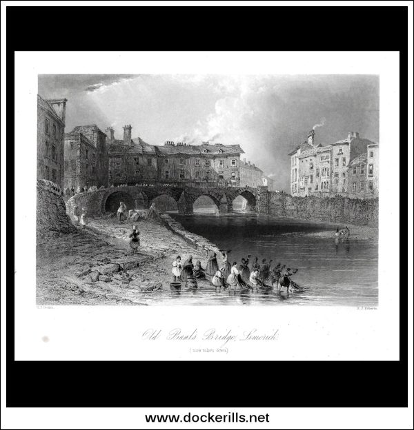 Old Boats Bridge, Limerick, Co. Limerick, Ireland. Antique Print, Steel Engraving c. 1840. Sale