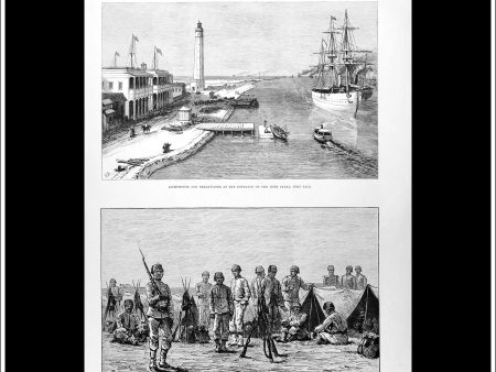 The Crisis In Egypt, Lighthouse And Breakwater At The Entrance Of The Suez Canal, Port Said. Antique Print, Wood Engraving, The Illustrated London News Full Page, July 22nd, 1882. on Sale