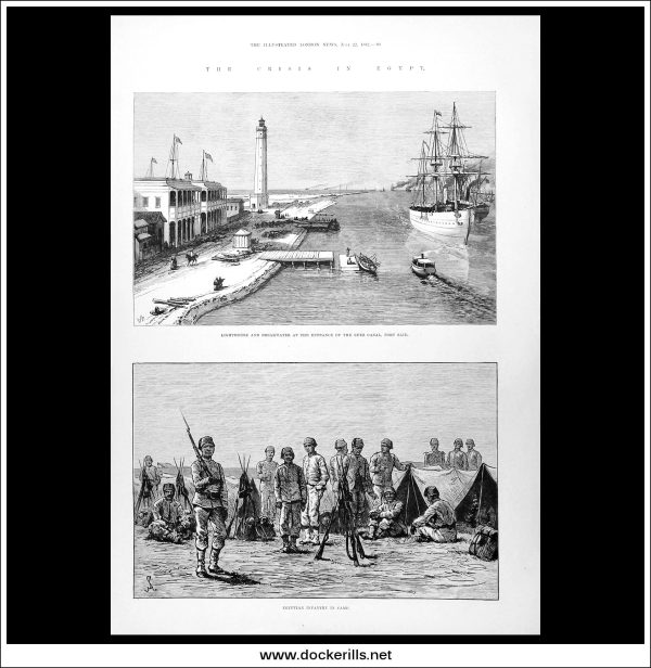 The Crisis In Egypt, Lighthouse And Breakwater At The Entrance Of The Suez Canal, Port Said. Antique Print, Wood Engraving, The Illustrated London News Full Page, July 22nd, 1882. on Sale