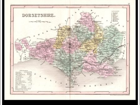 Map Of Dorsetshire   Dorset, England. Antique Print, Steel Engraving c. 1846. Cheap