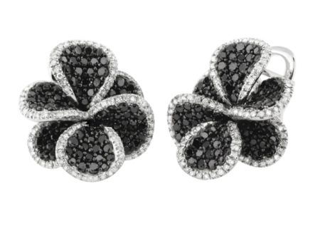 14K White Gold Black and White Diamond Flower Earrings, 2.68 TCW Cheap