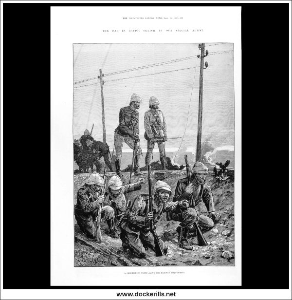 The War In Egypt: A Skirmishing Party Along The Railway Embankment. Antique Print, Wood Engraving, The Illustrated London News Full Page, September 16th, 1882. For Discount