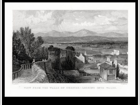 View From The Walls Of Chester - Looking Into Wales, Cheshire, England. Antique Print, Steel Engraving, c. 1830. on Sale