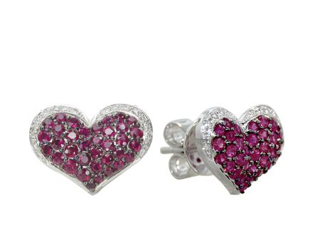 14K White Gold Ruby and Diamond Heart Earrings, 1.00 TCW on Sale