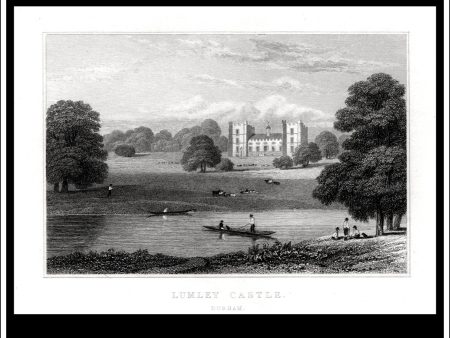 Lumley Castle, County Durham, England. Antique Print, Steel Engraving c. 1830. Online Sale