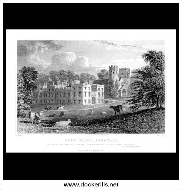 Port Eliot, Cornwall, England. Antique Print, Steel Engraving c. 1830. Sale