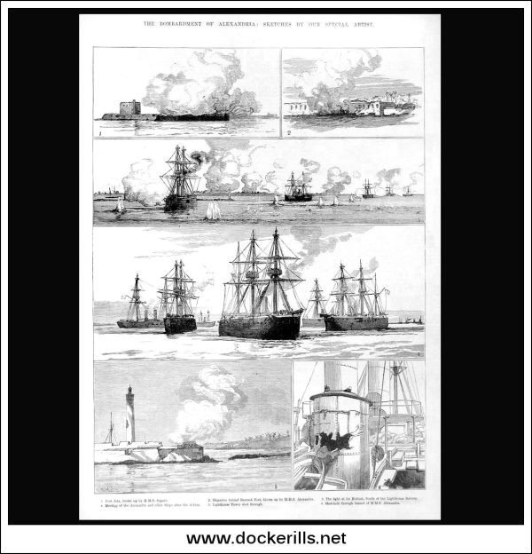 The Bombardment Of Alexandria: Sketches By Our Special Artist. Antique Print, Wood Engraving, The Illustrated London News Full Page, July 29th, 1882. Online Sale