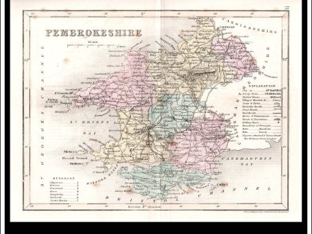 Map Of Pembrokeshire, Wales. Antique Print, Steel Engraving c. 1846. Online