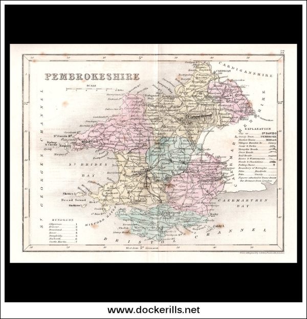 Map Of Pembrokeshire, Wales. Antique Print, Steel Engraving c. 1846. Online