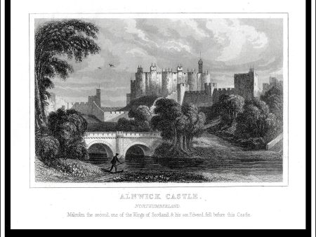 Alnwick Castle, Northumberland, England. Antique Print, Steel Engraving c. 1846. For Cheap