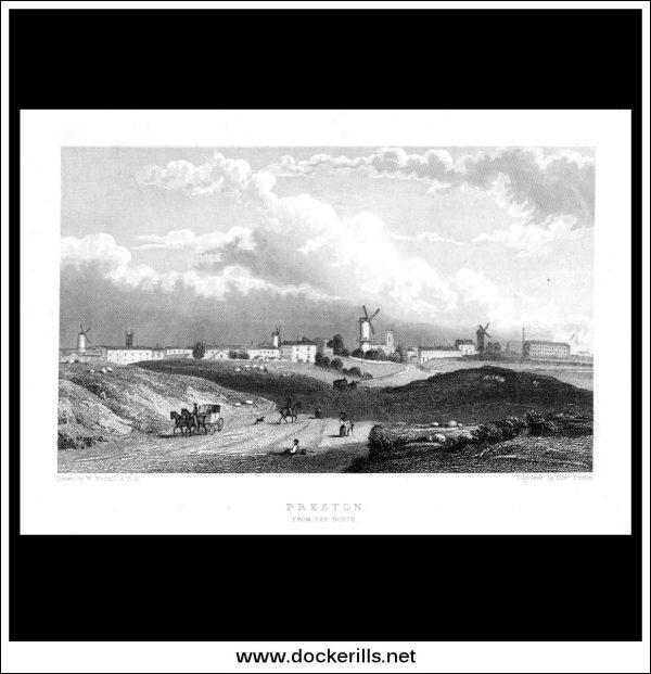 Preston From The North, Lancashire, England. Antique Print, Steel Engraving c. 1830. Online Hot Sale