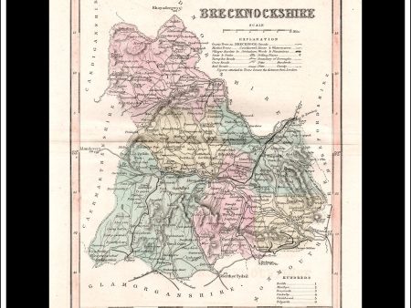 Map Of Brecknockshire   Breconshire, Wales. Antique Print, Steel Engraving c. 1846. Online