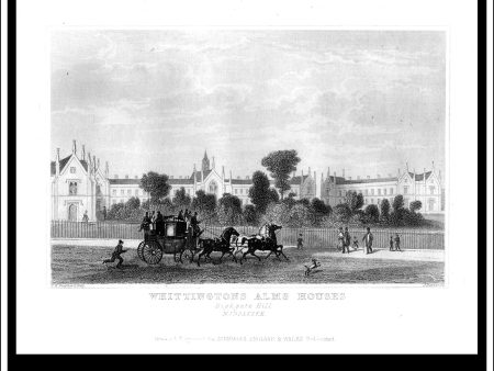 Whittingtons Alms Houses, Highgate Hill, London, Middlesex, England. Antique Print, Steel Engraving c. 1846. Discount