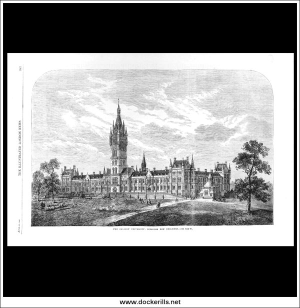 The Glasgow University: Intended New Buildings. Antique Print, Wood Engraving, Illustrated London News Full Page, April 21st, 1866. For Discount