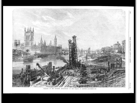 Progress Of The Southern Embankment Of The Thames At Lambeth. Antique Print, Wood Engraving, The Illustrated London News Full Page, June 23rd, 1866. Fashion