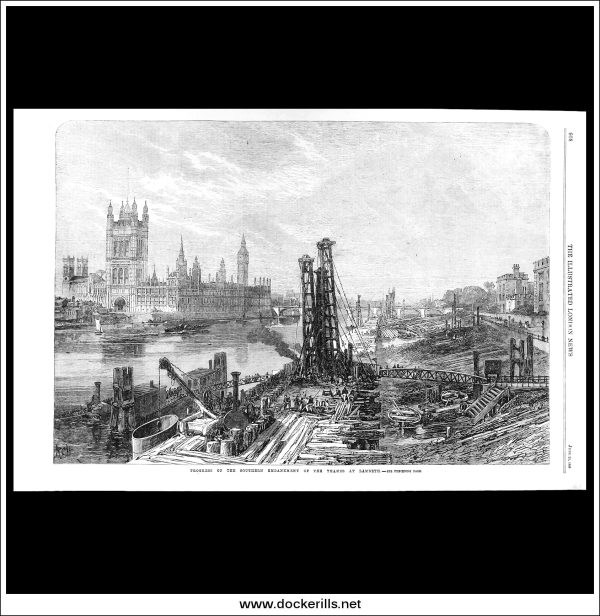 Progress Of The Southern Embankment Of The Thames At Lambeth. Antique Print, Wood Engraving, The Illustrated London News Full Page, June 23rd, 1866. Fashion