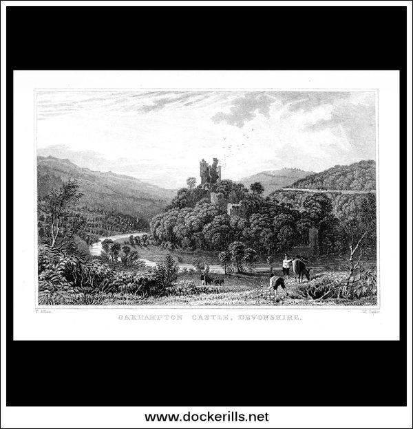 Okehampton Castle, Devonshire, England. Antique Print, Steel Engraving c. 1830. Online