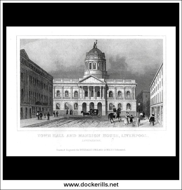 Town Hall And Mansion House, Liverpool, Lancashire, England. Antique Print, Steel Engraving c. 1846. Online